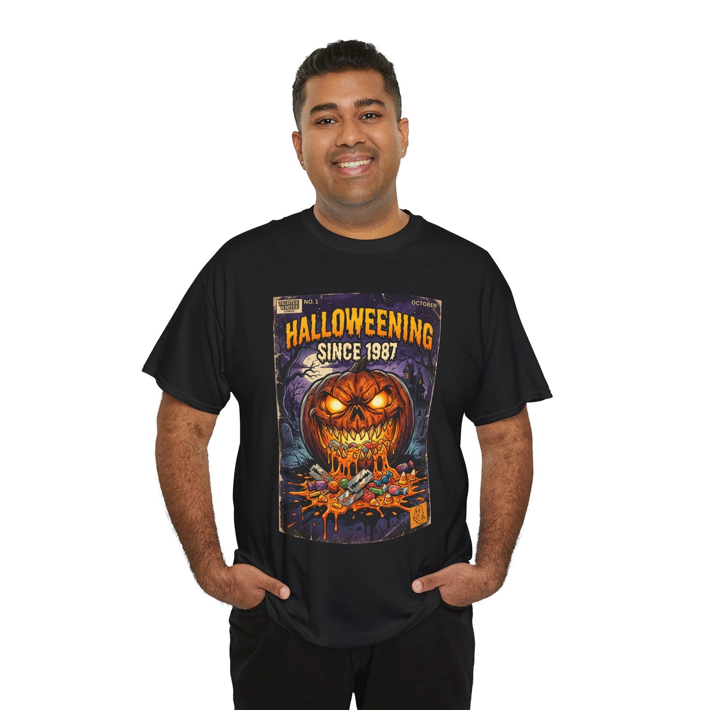 Halloweening Since 1987 T‑Shirt — Vintage Jack‑O’Lantern Halloween Comic Tee