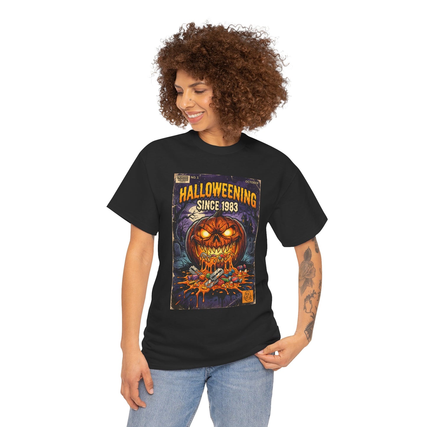 Halloweening Since 1983 T‑Shirt — Vintage Jack‑O’Lantern Halloween Comic Tee