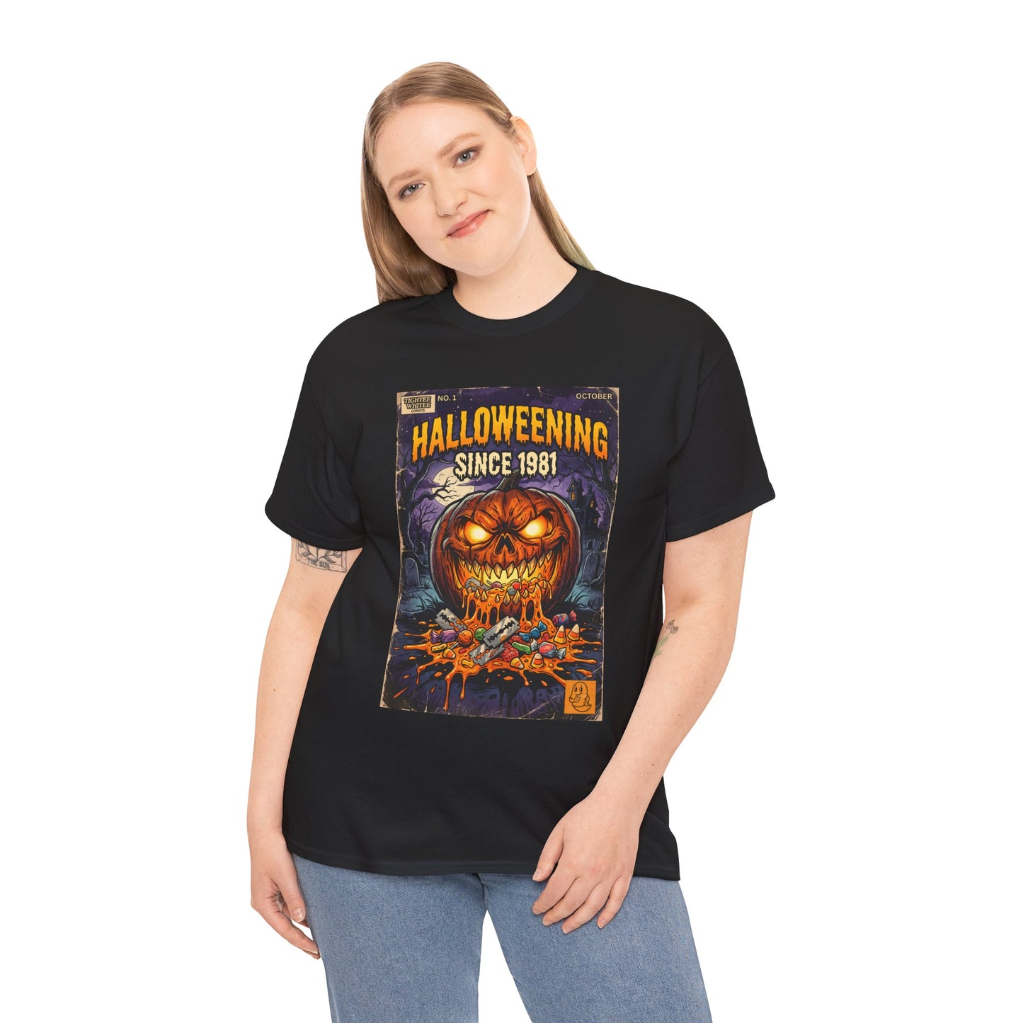 Halloweening Since 1981 T‑Shirt — Vintage Jack‑O’Lantern Halloween Comic Tee