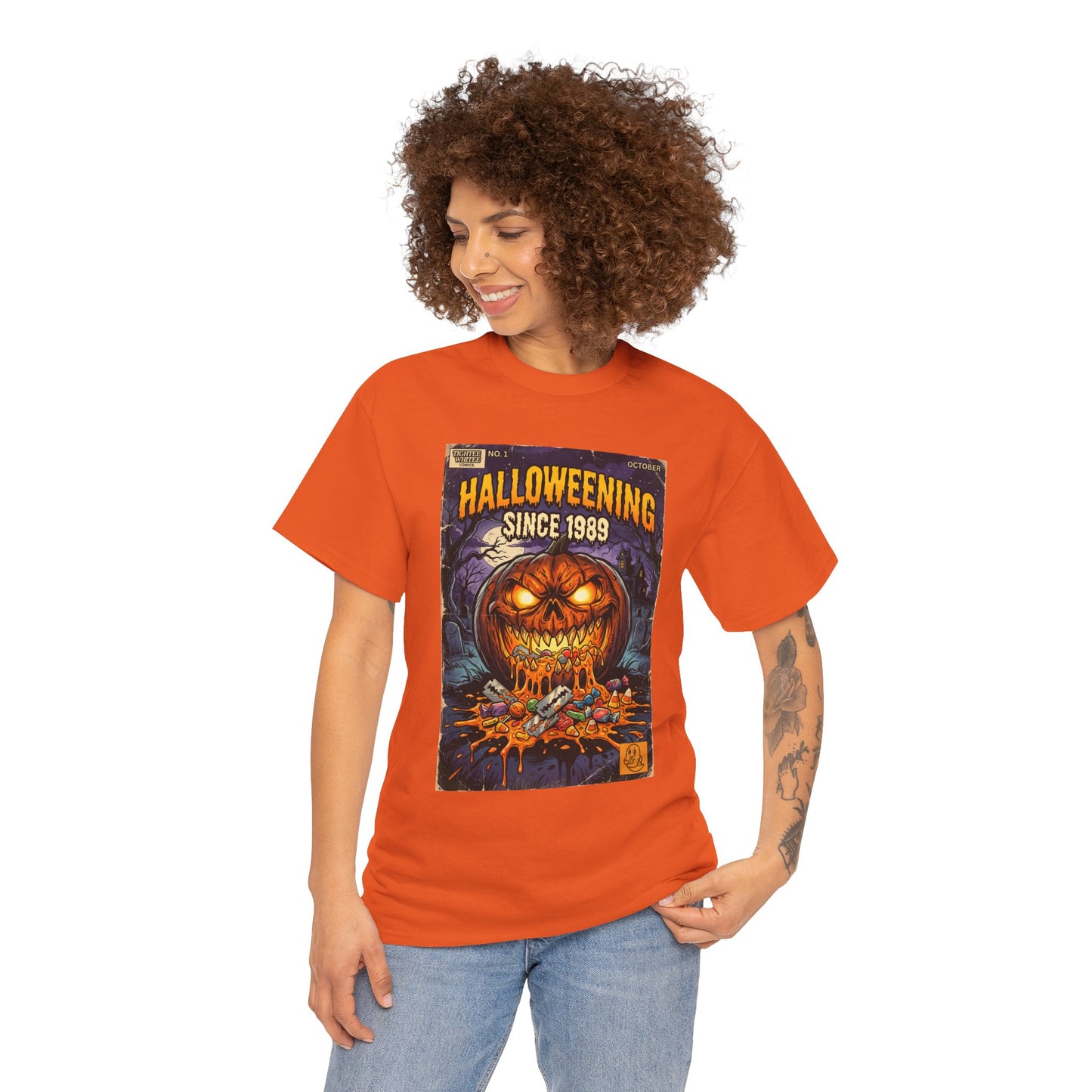 Halloweening Since 1989 T‑Shirt — Vintage Jack‑O’Lantern Halloween Comic Tee