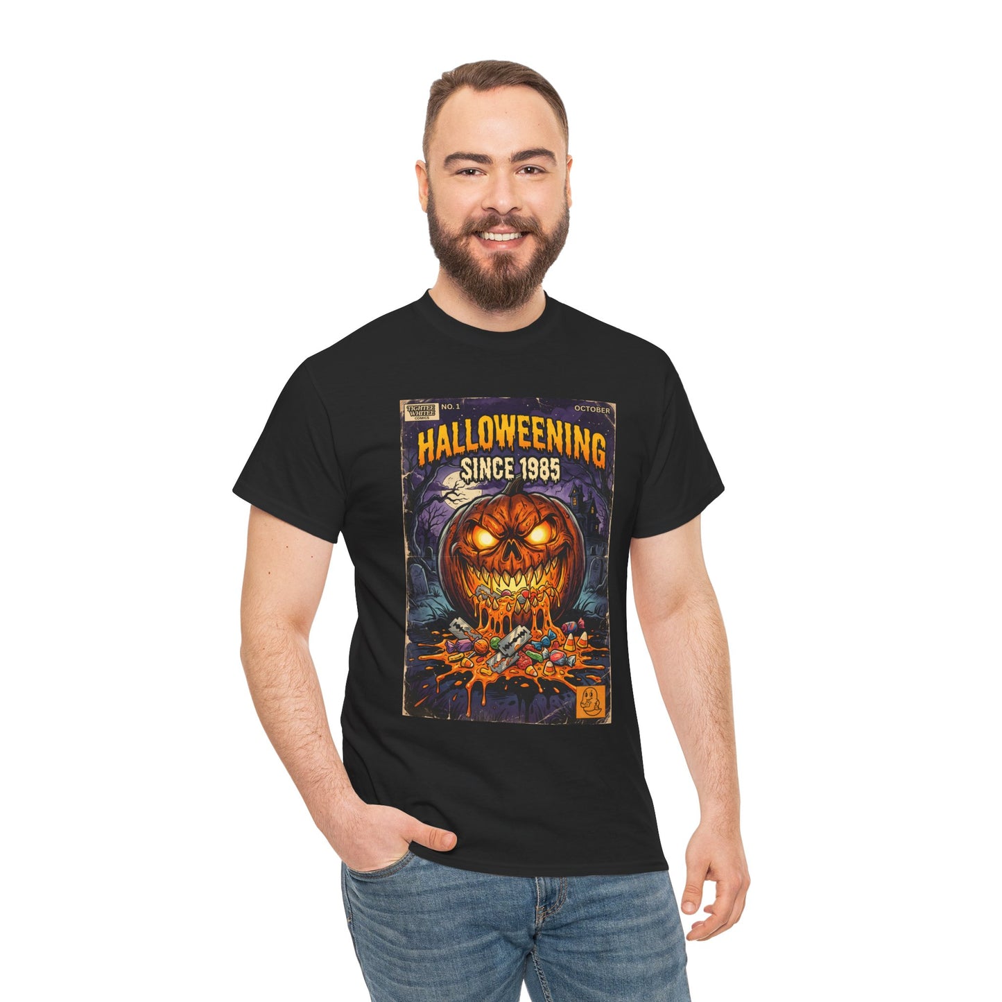 Halloweening Since 1985 T‑Shirt — Vintage Jack‑O’Lantern Halloween Comic Tee