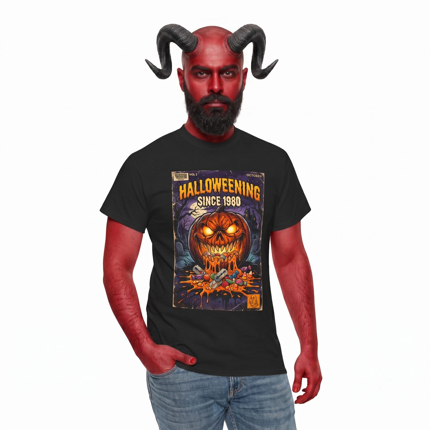 Halloweening Since 1980 T‑Shirt — Vintage Jack‑O’Lantern Halloween Comic Tee