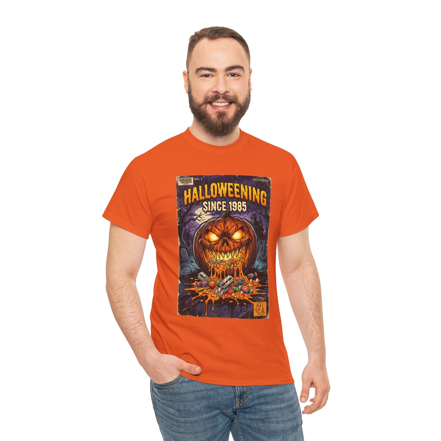 Halloweening Since 1985 T‑Shirt — Vintage Jack‑O’Lantern Halloween Comic Tee