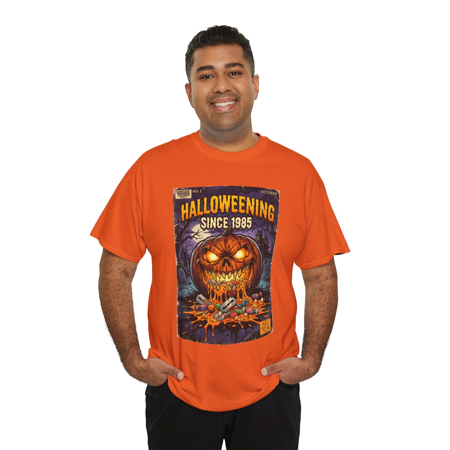 Halloweening Since 1985 T‑Shirt — Vintage Jack‑O’Lantern Halloween Comic Tee