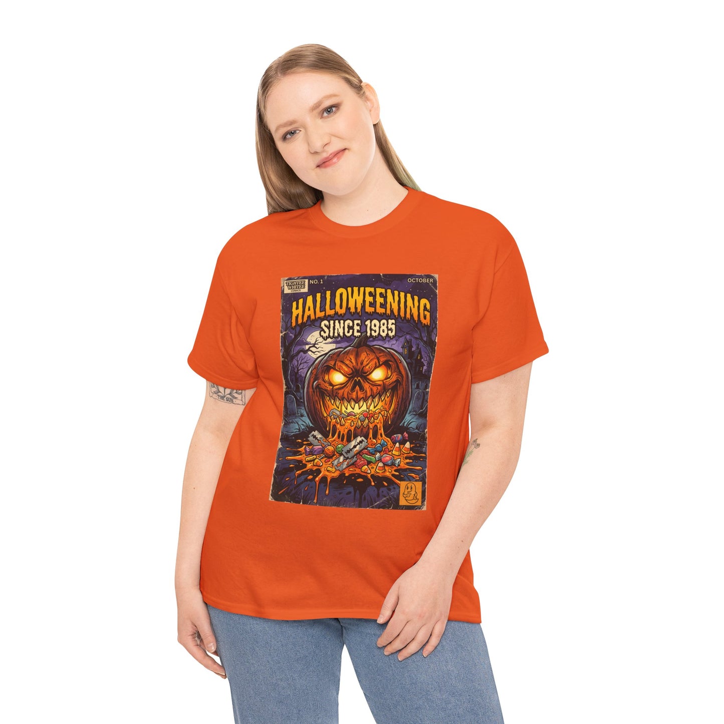 Halloweening Since 1985 T‑Shirt — Vintage Jack‑O’Lantern Halloween Comic Tee